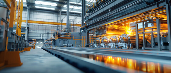 Fototapeta premium A bustling steel mill with glowing hot metal, vibrant with heat and activity, representing the heart of industrial metalwork.