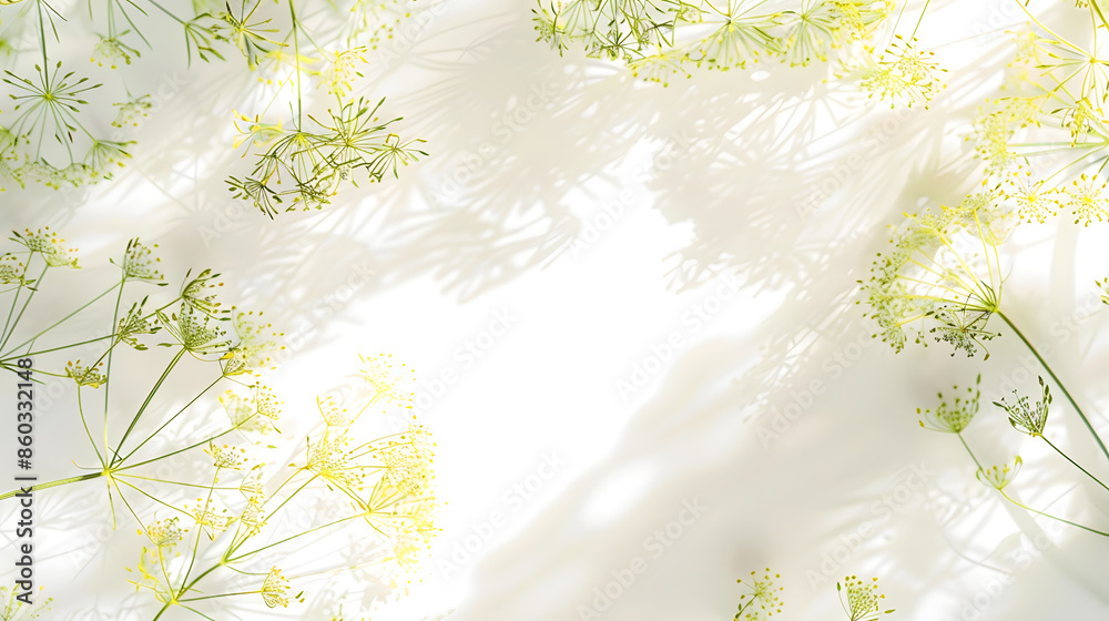 Poster flowering umbrella flowers of dill on a white background top view flat lay creative layout : generat