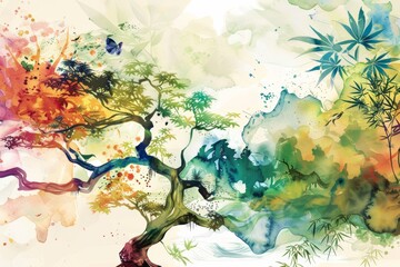 Obraz na płótnie Canvas harmony with nature watercolor illustration, medical hemp plant CBD or CBG oil for meditation and mindfulness practice