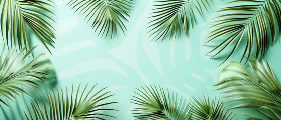 Fresh tropical design featuring large, green palm leaves on a soft green background, showcasing a relaxing summer vibe.