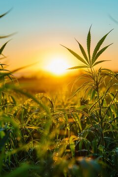organic hemp plants farm at sunset or sunrise, green plant ready for CBD or CBG oil extraction