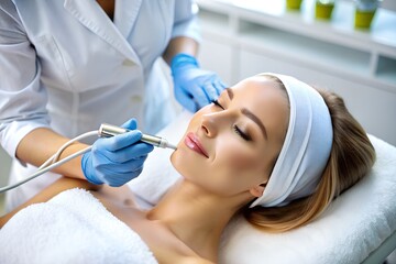 Fototapeta premium Female client receives an aqua peel hydrabrasion treatment from a beautician at a state-of-the-art beauty clinic