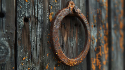 Rusty metal ring on a weathered wooden wall with peeling paint.