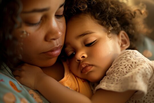 Mother's Day, diverse mom hugging kid, mother comforting her child during a moment of distress, portraying a secure attachment bond and emotional security