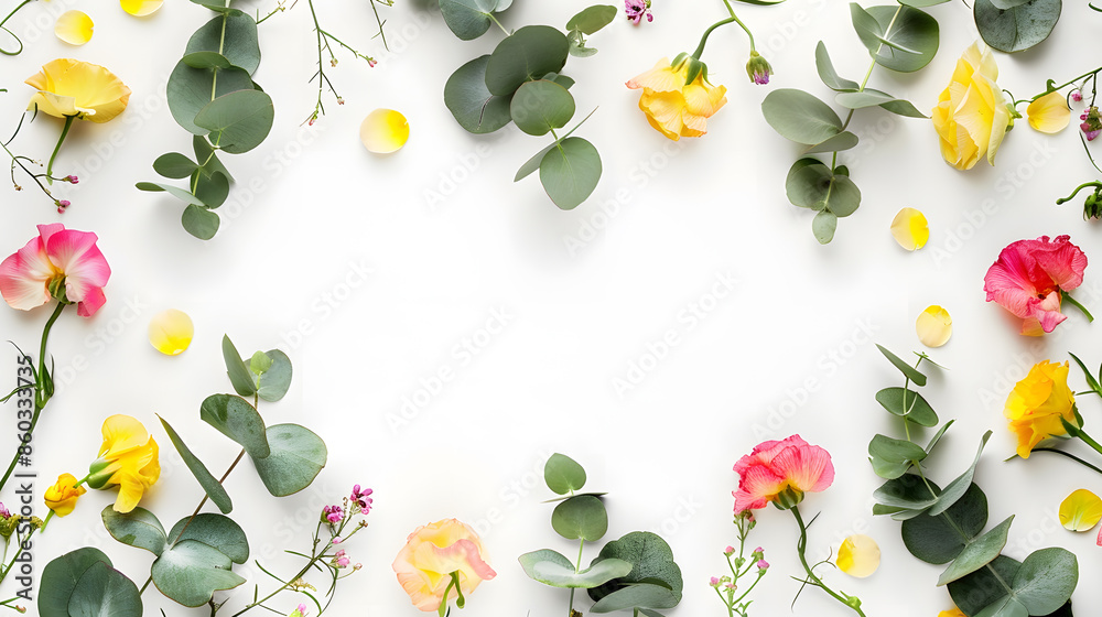 Poster flowers composition round frame made of yellow and pink flowers eucalyptus branches on white backgro
