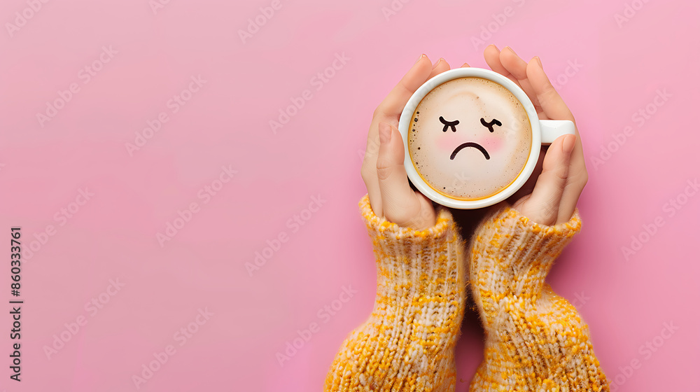 Wall mural a woman hands holding a cup of coffee with a sad face emoji on a pink background with copu space for