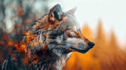 Majestic Wolf in Autumn Forest: Close-up of a beautiful wolf with autumn foliage in the background, highlighting the stunning fur and alert expression.