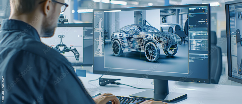 Wall mural engineer developing a 3d car design with specialized software, showing detailed wireframe models and
