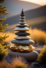 Obraz premium balanced stone stack zen cairn sculpture nature, art, harmony, meditation, rock, arrangement, equilibrium, calm, serene, outdoors, natural, stacked, pebbles