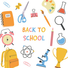 Back to school card with school supplies,backpack, pencils, notebook, microscope, vector illustration in flat style