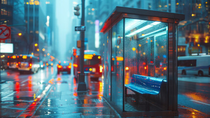 Empty bus stop at night in a rainy city with traffic.