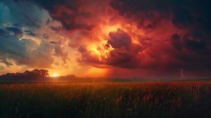 "An atmospheric image captures a summer landscape in peril as a thunderstorm approaches on the horizon."

