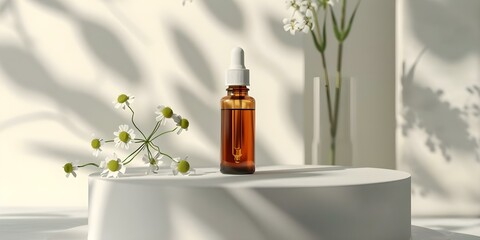 Feverfew Extract Bottle in Top View Mockup Scene on White Podium. Concept Mockup Scene, Top View, Feverfew Extract Bottle, White Podium, Product Photography