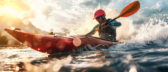 A kayak cuts through the whitewater, with a focused paddler expertly navigating the rushing rapids under a glowing sunset.