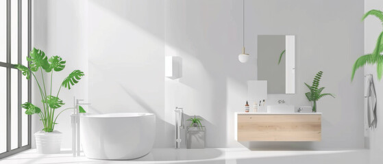 A modern bathroom with twin sinks, ample natural light, and abundant greenery, creating a fresh, airy, and relaxing environment.