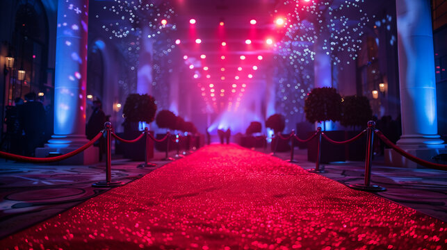 elegant red carpet entrance at a corporate charity fundraiser gala with dazzling lights and decorations