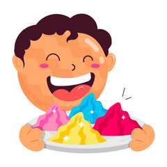 Happy boy carrying holi tray, flat style sticker 

