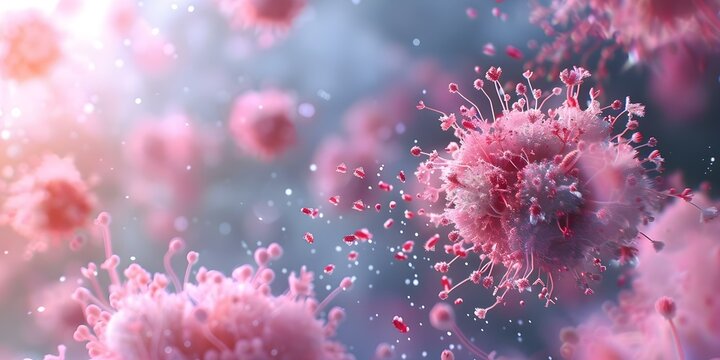 3D visualization of basophils releasing histamine during an allergic response. Concept Medical Illustration, Allergic Reactions, Basophils, Histamine Release, 3D Visualization