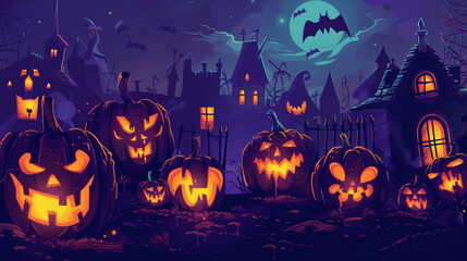 Fototapeta premium Spooky Halloween night with glowing pumpkins and an eerie vibe captured in this vector illustration. ID_4a4402a8-755d-4549-9a7d-65a8f011b6c3 --ar 16:9 Job ID: 6618c0ca-d4de-4da8-a51e-41be129af49f