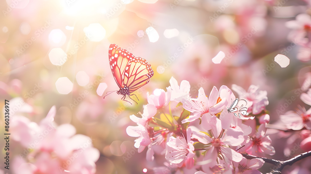 Poster spring background with pink blossom and fly butterfly beautiful nature scene with blooming tree and 