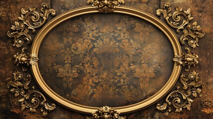 Floral pattern on gold oval frame on brown backdrop