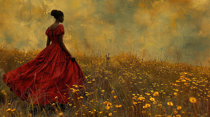 Fototapeta premium Elegance in Bloom: Woman in Red Dress Amidst Golden Wildflower Field, generative ai