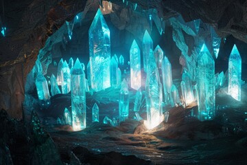 Fototapeta premium A network of dark caves illuminated by glowing crystals, symbolizing the discovery and exploration of hidden ideas.