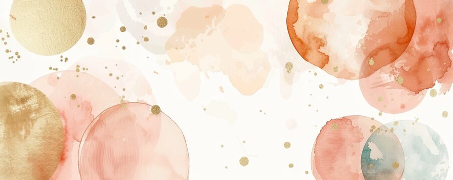 Whimsical watercolor circles in gold, champagne hues playfully arranged with abstract shapes on a trendy pastel background, creating a festive card design.