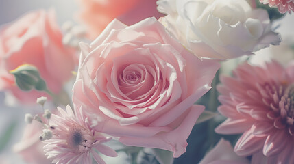 Obraz premium Delicate blossoming roses and blooming flowers festive background pastel and soft bouquet floral card selective focus toned : Generative AI