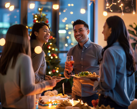joyful corporate office holiday party with festive decorations and colleagues celebrating together