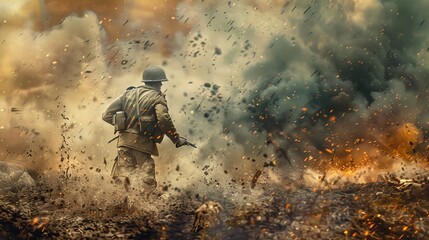 Fototapeta premium Wartorn environment with armed soldiers engaged in combat, portraying the horrors and heroism of the battlefield.