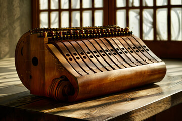 Rare musical instrument, such as a hurdy-gurdy or a theremin in a studio setting with minimalistic decor
