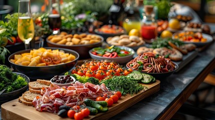 An enticing display of gourmet food arranged on wooden boards at a buffet.