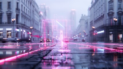 Naklejka premium Futuristic cityscape with neon lights and foggy atmosphere, creating a sci-fi urban ambiance. Ideal for tech and futuristic themes.