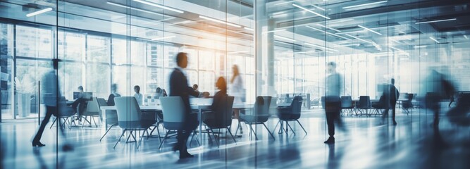 A modern office building with glass walls and windows, showcasing blurred silhouettes of business...