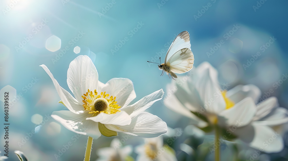 Poster Detail with shallow focus of white anemone flower with yellow stamens and butterfly in nature macro on background of blue sky with beautiful bokeh Delicate artistic image of beauty of  : Generative AI