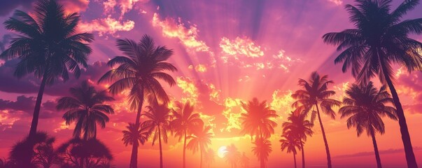 Striking silhouette of palm trees against a vibrant sunset, featuring hues of pink, purple, and orange.