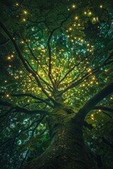 A tree canopy with leaves that glow softly in the dark, symbolizing the organic and illuminating growth of ideas. 