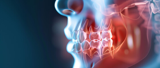 Naklejka premium An intricate, semi-transparent illustration of human jaw and dental structures with highlighted nerves and tissues, exuding scientific precision.