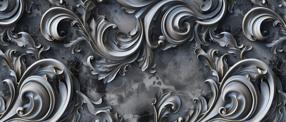 Ornate, swirling silver patterns and textures blend seamlessly into a dark, cracked background creating a dramatic and luxurious visual effect.