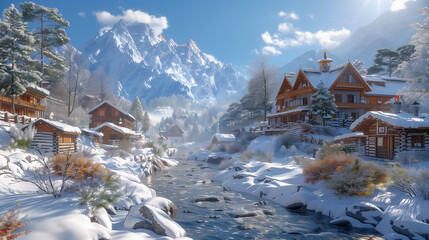 A charming snowy alpine village with wooden cabins and houses along a serene river under a bright sky.