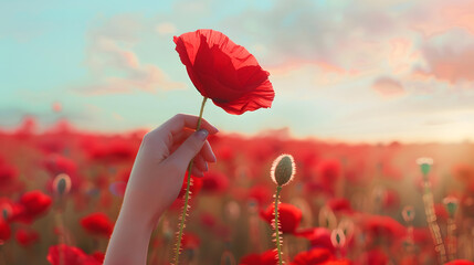 Female hands hold a red poppy flower against the background of a red field of poppies beautiful fluffy blue sky Copy space close up macro flower : Generative AI