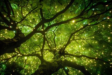 Fototapeta premium A tree canopy with leaves that glow softly in the dark, symbolizing the organic and illuminating growth of ideas. 