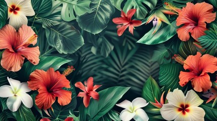 Vibrant illustration of a tropical floral border featuring hibiscus and bird of paradise blooms, amidst lush green foliage, offering ample copy space for wallpaper or card designs.