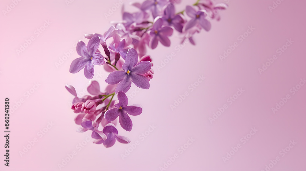 Poster Fresh lilac blossom beautiful purple flowers falling in the air isolated on pink background Zero gravity or levitation spring flowers conception high resolution image : Generative AI