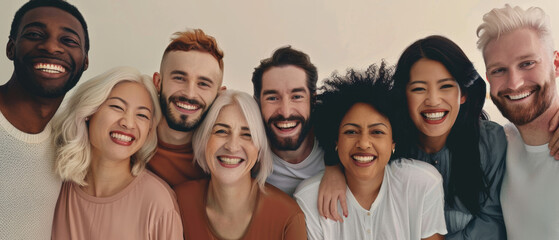 Obraz premium A diverse group of people smiles warmly and leans towards the camera, exuding a sense of unity and happiness in a bright, serene setting.