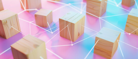 Wooden cubes connected by lines, forming a web of connections on a gradient pastel background.