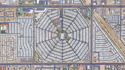 Octagon city and octagonal settlement, looking down aerial view from above, Bird’s eye view Mesa,...