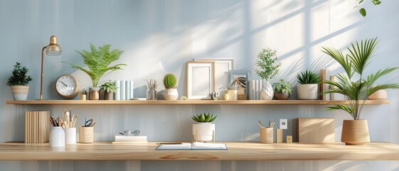 Modern home office desk with plants, books, and accessories, bathed in natural light, creating a serene and productive workspace environment.