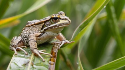 Close-up of a brown and green frog with captivating eyes, sitting calmly on a leaf after rain